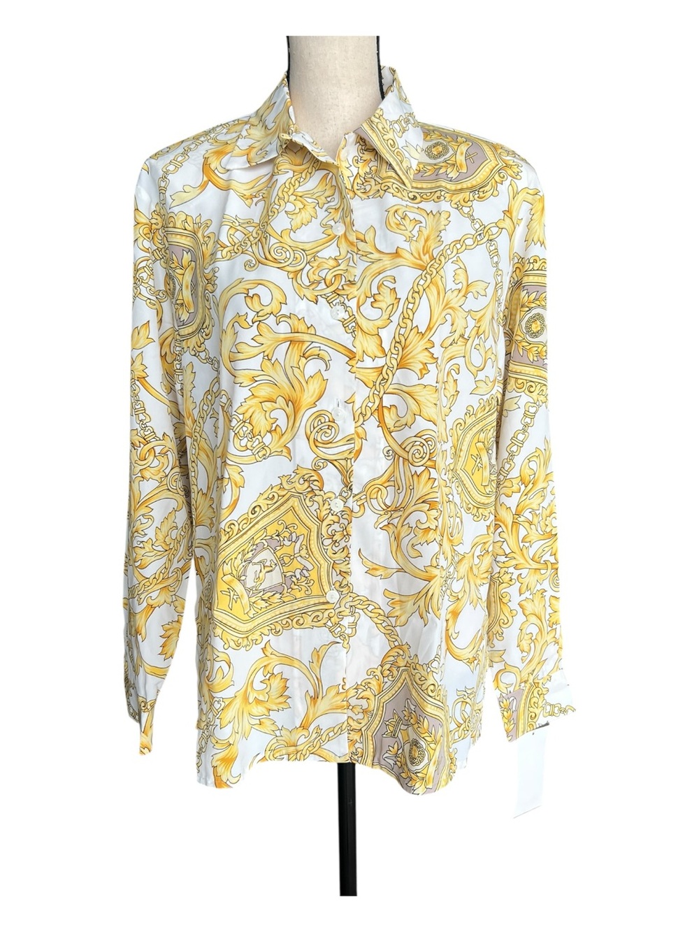 Women's White & Gold Baroque Button-Down Shirt Size M